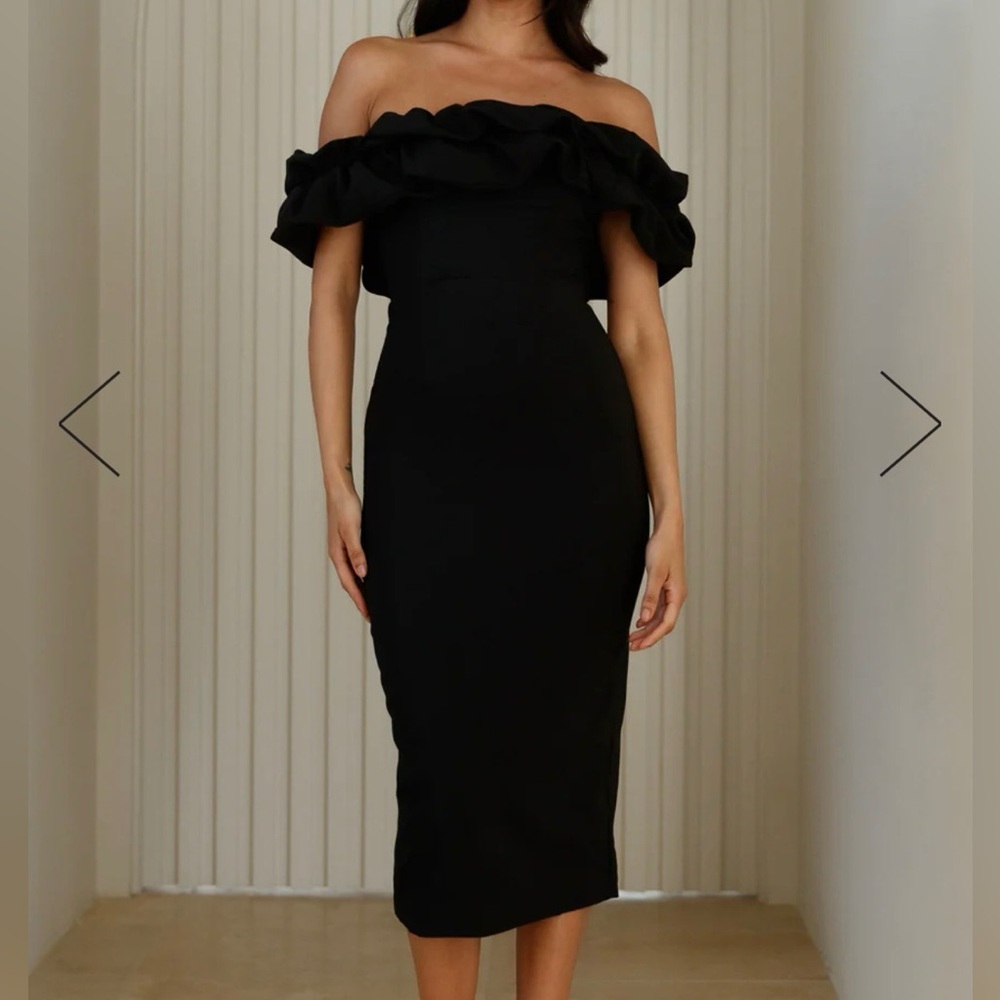 Idolise Off Shoulder Frill Midi Dress Black